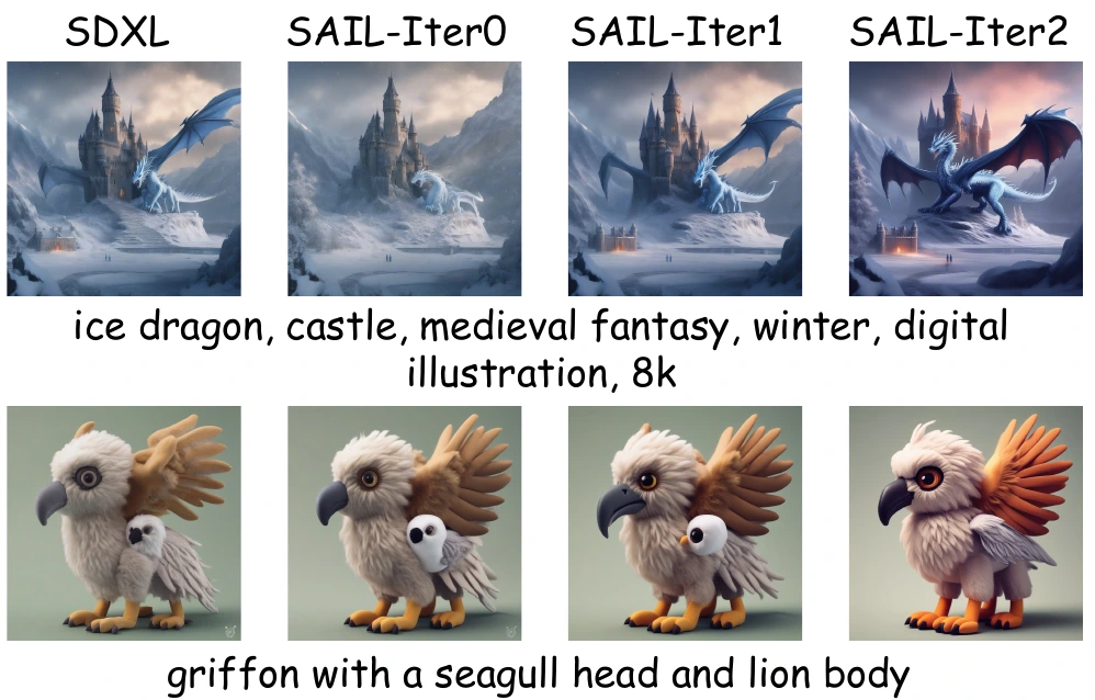 Progressive refinement from SDXL through successive SAIL iterations.